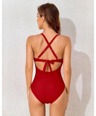 One Piece Swimsuit Tummy Control Women's Deep V Neck Cute One Piece Bathing Suits Crisscross Back Tie Swimwear Red $20.71 Swi...