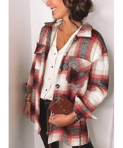 Women's 2024 Fall Clothes Plaid Shacket Jacket Long Sleeve Button Down Flannel Shirts Fashion Blouse Red $10.25 Tops