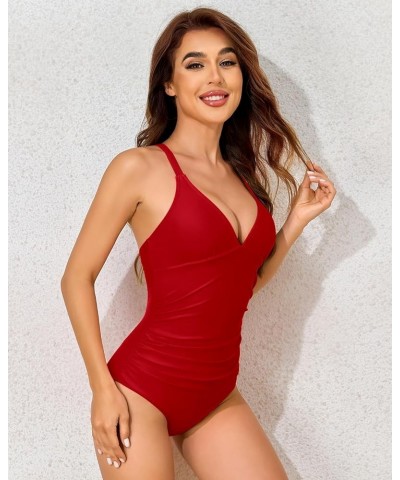 One Piece Swimsuit Tummy Control Women's Deep V Neck Cute One Piece Bathing Suits Crisscross Back Tie Swimwear Red $20.71 Swi...