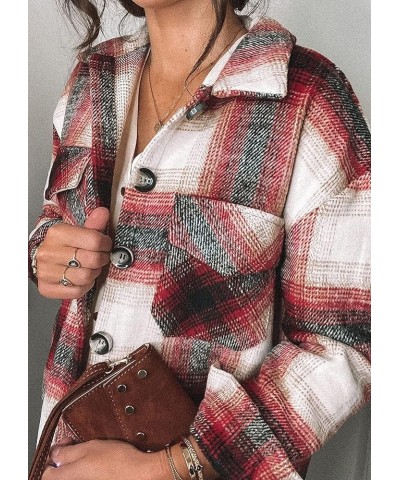 Women's 2024 Fall Clothes Plaid Shacket Jacket Long Sleeve Button Down Flannel Shirts Fashion Blouse Red $10.25 Tops