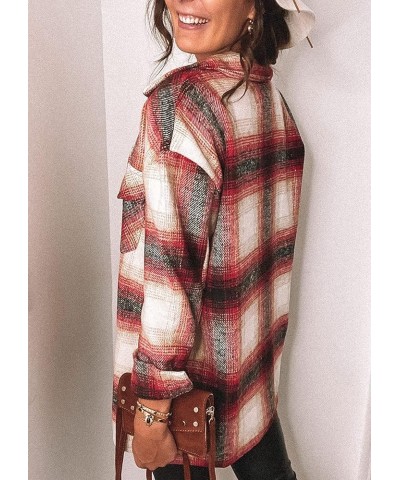 Women's 2024 Fall Clothes Plaid Shacket Jacket Long Sleeve Button Down Flannel Shirts Fashion Blouse Red $10.25 Tops