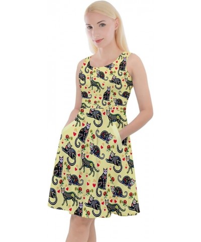 Womens Knee Length Skater Dress With Pockets Lovely Cats Pattern Stretch Skater Dress, XS-5XL Light Yellow $17.15 Dresses