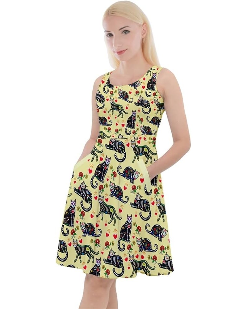 Womens Knee Length Skater Dress With Pockets Lovely Cats Pattern Stretch Skater Dress, XS-5XL Light Yellow $17.15 Dresses