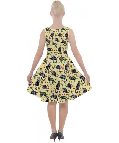 Womens Knee Length Skater Dress With Pockets Lovely Cats Pattern Stretch Skater Dress, XS-5XL Light Yellow $17.15 Dresses