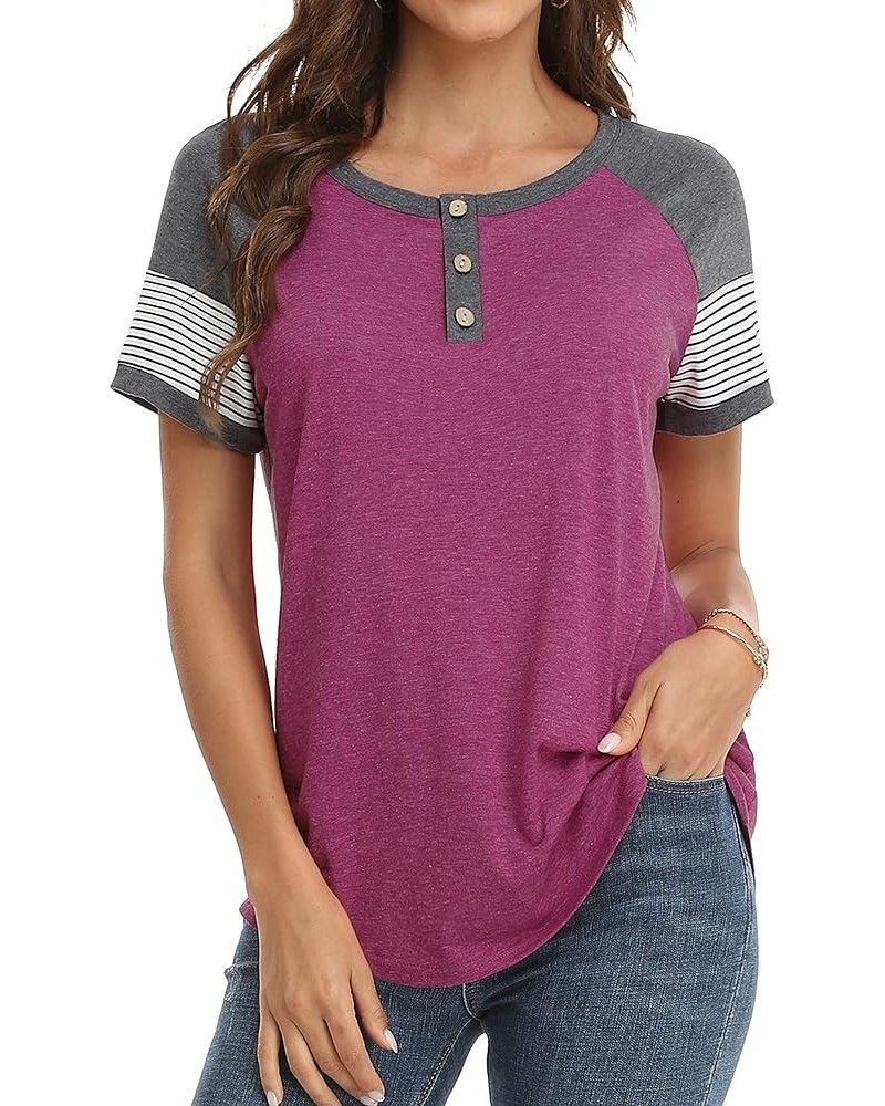 Womens Tops Color Block Raglan 3/4 Sleeve Shirts for Women Button Blouse X-purple $9.89 Tops