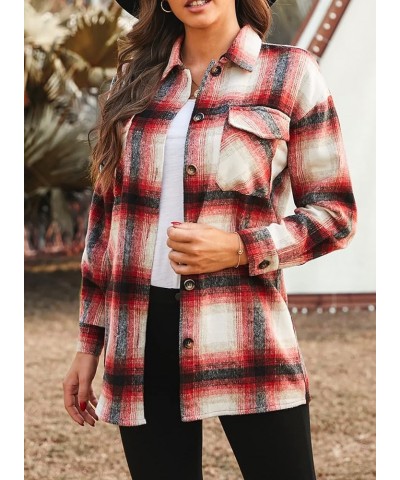 Women's 2024 Fall Clothes Plaid Shacket Jacket Long Sleeve Button Down Flannel Shirts Fashion Blouse Red $10.25 Tops