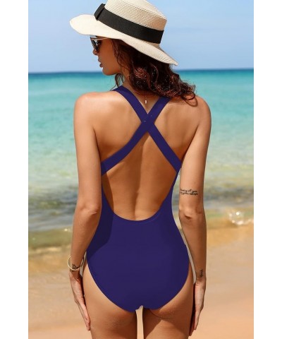 Women's One Piece Athletic Swimsuit Crisscross Sports Training Racerback Swimwear Plus Size Slimming Bathing Suit Navy Blue $...