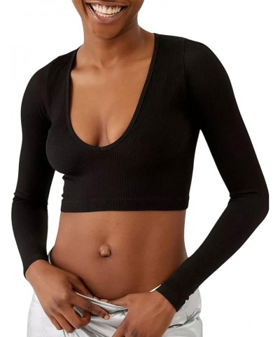 Square Neck Ribbed Slim Shirts for Women Basic Long Sleeve Crop Tops Solid Workout Yoga Tee Shirts 06-lowcut Black $8.69 Acti...