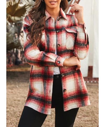 Women's 2024 Fall Clothes Plaid Shacket Jacket Long Sleeve Button Down Flannel Shirts Fashion Blouse Red $10.25 Tops