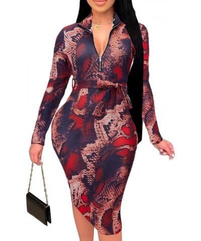 Women Sexy Floral Print V Neck Long Sleeve Front Zipper Stretchy Pencil Midi Bodycon Dress Office Work with Belt Snake-long S...