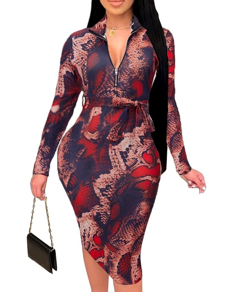 Women Sexy Floral Print V Neck Long Sleeve Front Zipper Stretchy Pencil Midi Bodycon Dress Office Work with Belt Snake-long S...