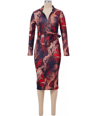 Women Sexy Floral Print V Neck Long Sleeve Front Zipper Stretchy Pencil Midi Bodycon Dress Office Work with Belt Snake-long S...