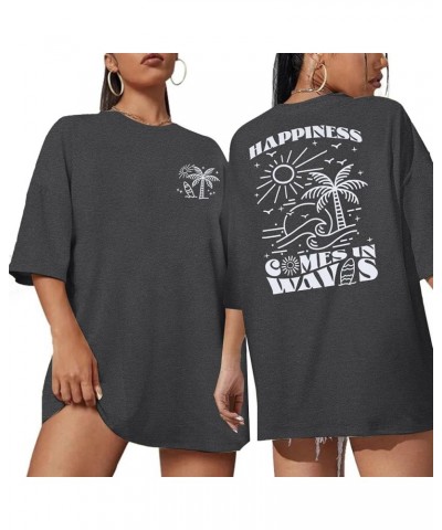 Happiness Waves Shirt Women Summer Funny Sunshine Graphic Beach Tees Hawaiian Casual Vacation Positive Short Sleeve Tops Grey...