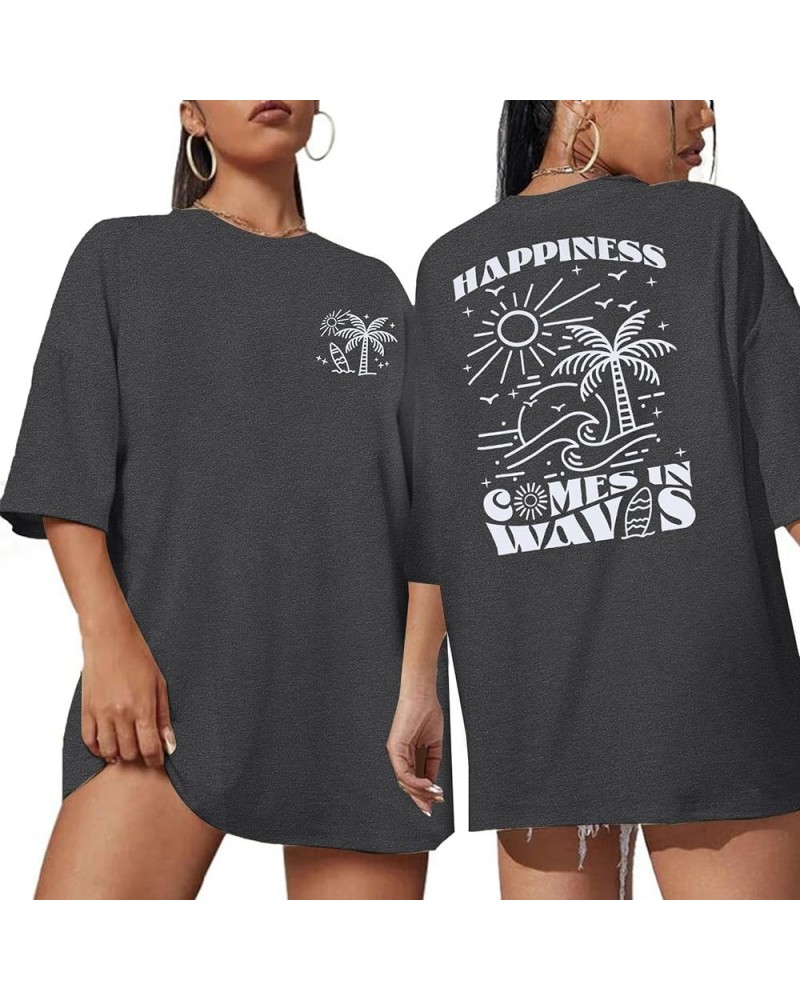 Happiness Waves Shirt Women Summer Funny Sunshine Graphic Beach Tees Hawaiian Casual Vacation Positive Short Sleeve Tops Grey...