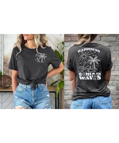 Happiness Waves Shirt Women Summer Funny Sunshine Graphic Beach Tees Hawaiian Casual Vacation Positive Short Sleeve Tops Grey...