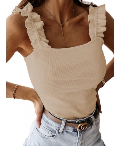 Women's Causal Sleeveless Frill Trim Strap Ribbed Knit Cami Tank Top Khaki $9.17 Tanks