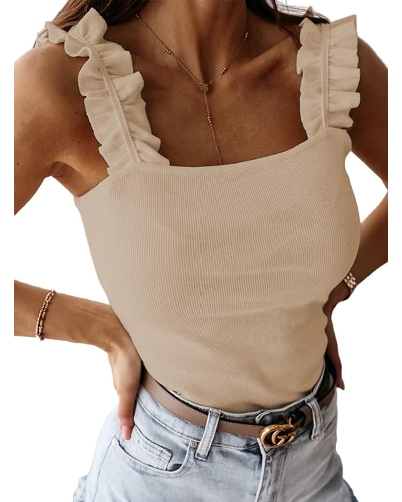 Women's Causal Sleeveless Frill Trim Strap Ribbed Knit Cami Tank Top Khaki $9.17 Tanks