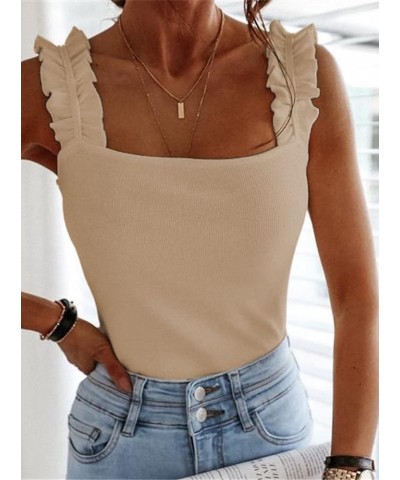 Women's Causal Sleeveless Frill Trim Strap Ribbed Knit Cami Tank Top Khaki $9.17 Tanks