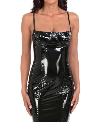 Women's Latex Midi Bodycon Dress Vinyl Faux Leather Sexy Balconette Dresses Black $19.27 Dresses