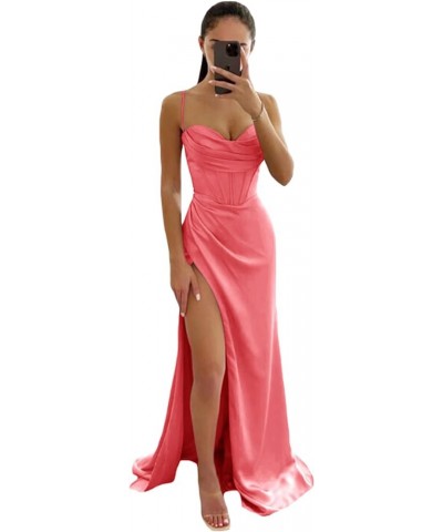 Spaghetti Strap Satin Bridesmaid Dresses for Wedding 2024 Long Sweetheart Mermaid Formal Prom Dress with Slit Coral $30.24 Dr...