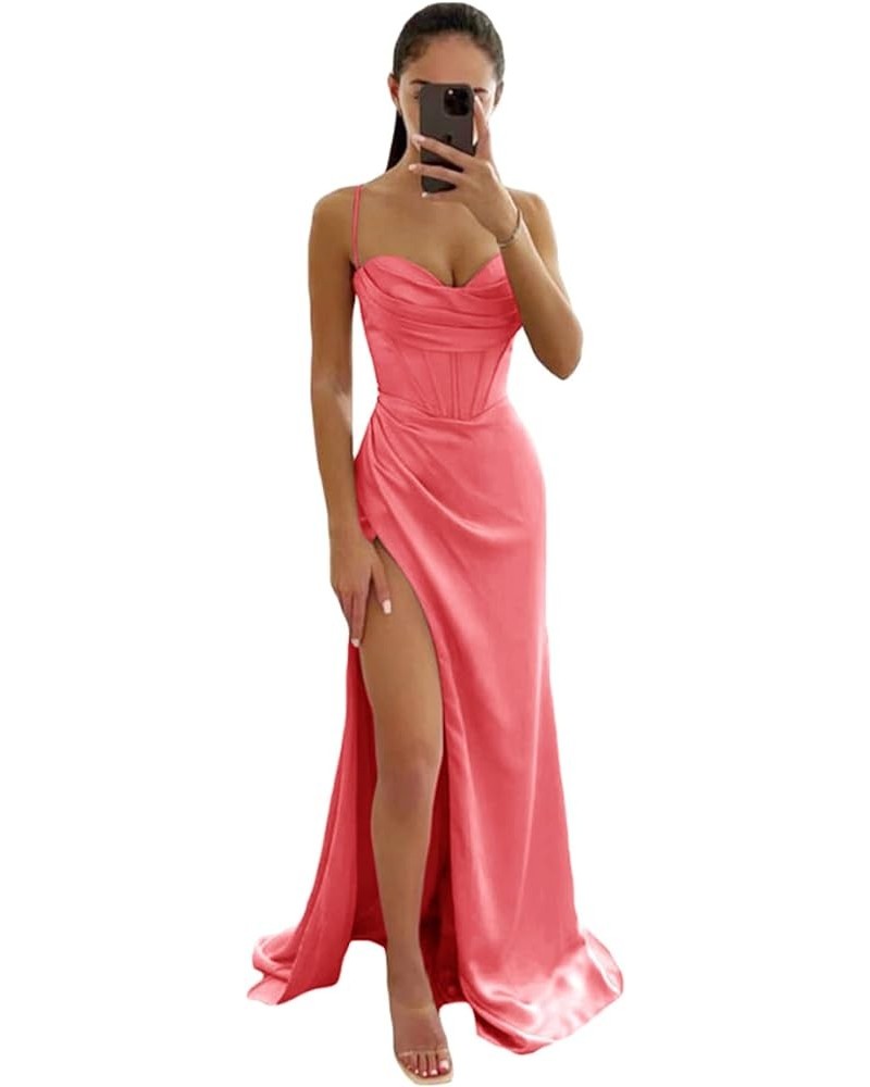 Spaghetti Strap Satin Bridesmaid Dresses for Wedding 2024 Long Sweetheart Mermaid Formal Prom Dress with Slit Coral $30.24 Dr...