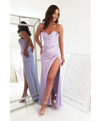 Spaghetti Strap Satin Bridesmaid Dresses for Wedding 2024 Long Sweetheart Mermaid Formal Prom Dress with Slit Coral $30.24 Dr...