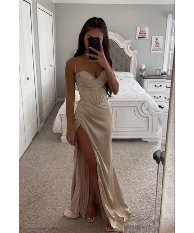 Spaghetti Strap Satin Bridesmaid Dresses for Wedding 2024 Long Sweetheart Mermaid Formal Prom Dress with Slit Coral $30.24 Dr...