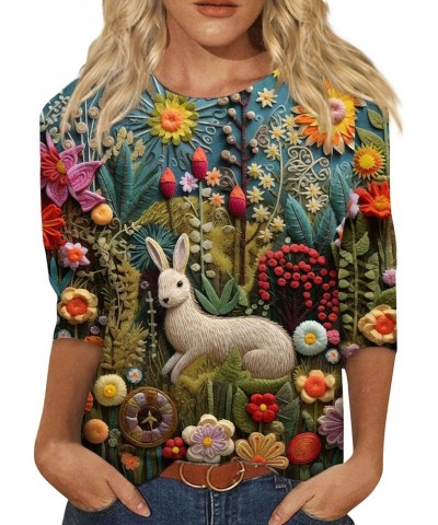 Easter Shirts for Women 2024 Plus Size 3/4 Sleeve Tops 3D Easter Bunny Print Tshirts Crewneck Loose Blouse Basic Tops 01-blac...