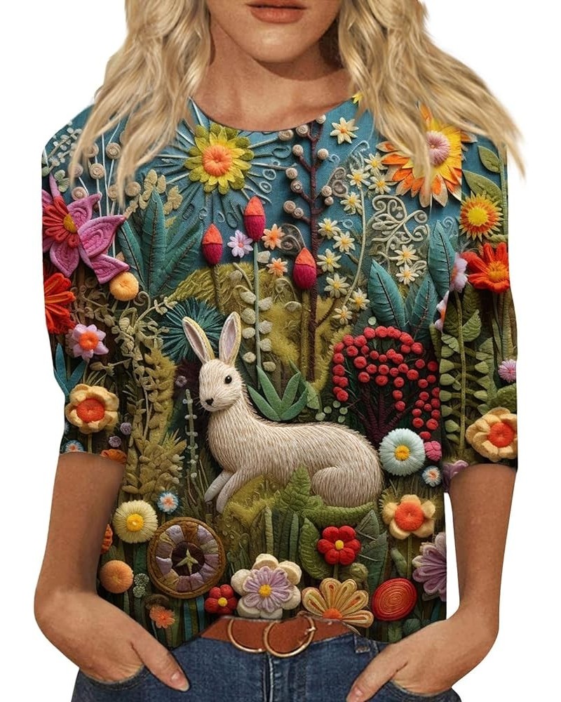 Easter Shirts for Women 2024 Plus Size 3/4 Sleeve Tops 3D Easter Bunny Print Tshirts Crewneck Loose Blouse Basic Tops 01-blac...