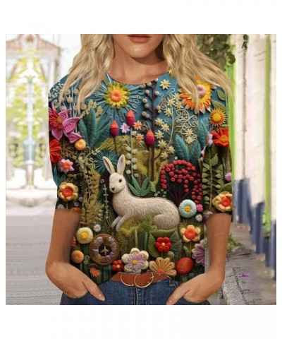 Easter Shirts for Women 2024 Plus Size 3/4 Sleeve Tops 3D Easter Bunny Print Tshirts Crewneck Loose Blouse Basic Tops 01-blac...