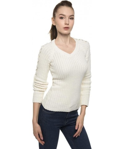 Women Cotton V Neck Raglan Lace Up Shoulder Sweater Creamy White $13.04 Sweaters