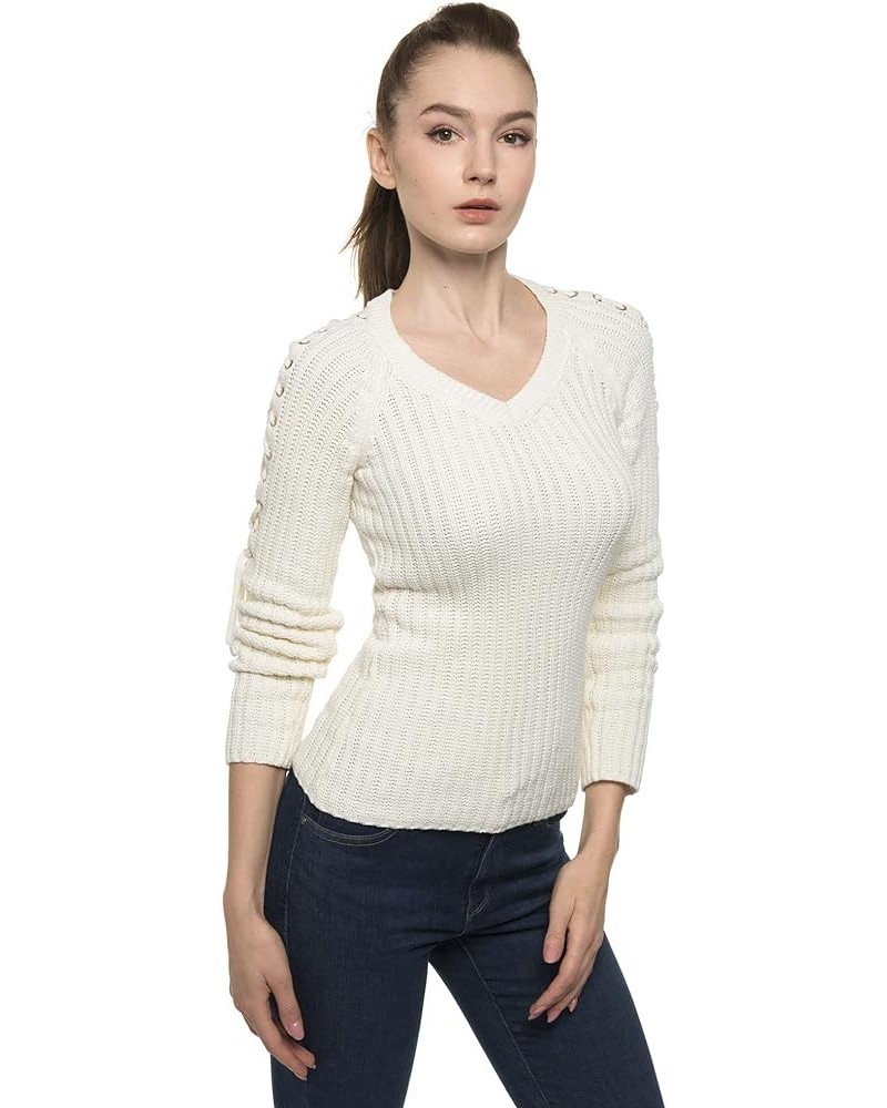 Women Cotton V Neck Raglan Lace Up Shoulder Sweater Creamy White $13.04 Sweaters