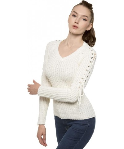 Women Cotton V Neck Raglan Lace Up Shoulder Sweater Creamy White $13.04 Sweaters