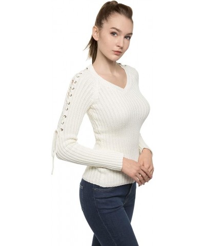 Women Cotton V Neck Raglan Lace Up Shoulder Sweater Creamy White $13.04 Sweaters