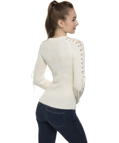 Women Cotton V Neck Raglan Lace Up Shoulder Sweater Creamy White $13.04 Sweaters