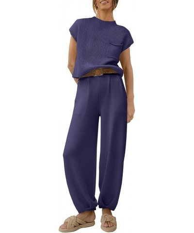 Women's Two Piece Outfits Sweater Sets Knit Pullover Tops and High Waisted Pants Tracksuit Lounge Sets Purple $21.60 Activewear