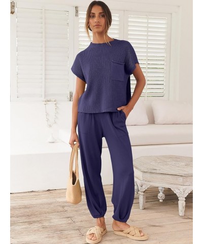 Women's Two Piece Outfits Sweater Sets Knit Pullover Tops and High Waisted Pants Tracksuit Lounge Sets Purple $21.60 Activewear