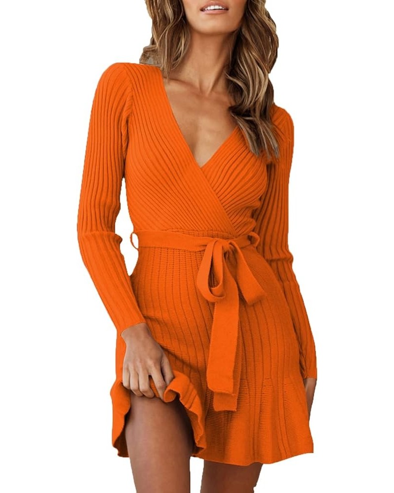 Women's V Neck Wrap Sweater Dresses Long Sleeve Ruffle Hem Knitted Mini Sweater Dress with Belt Orange $24.77 Sweaters