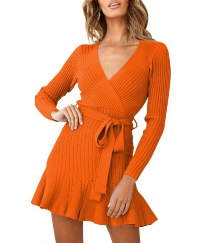 Women's V Neck Wrap Sweater Dresses Long Sleeve Ruffle Hem Knitted Mini Sweater Dress with Belt Orange $24.77 Sweaters