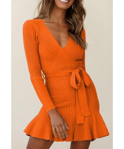 Women's V Neck Wrap Sweater Dresses Long Sleeve Ruffle Hem Knitted Mini Sweater Dress with Belt Orange $24.77 Sweaters