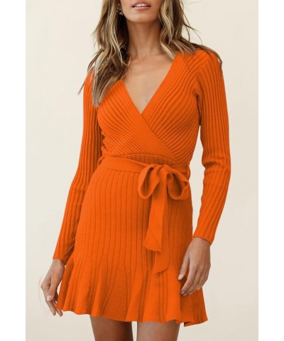 Women's V Neck Wrap Sweater Dresses Long Sleeve Ruffle Hem Knitted Mini Sweater Dress with Belt Orange $24.77 Sweaters