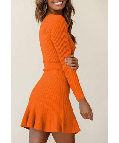 Women's V Neck Wrap Sweater Dresses Long Sleeve Ruffle Hem Knitted Mini Sweater Dress with Belt Orange $24.77 Sweaters