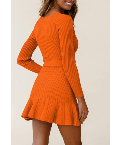 Women's V Neck Wrap Sweater Dresses Long Sleeve Ruffle Hem Knitted Mini Sweater Dress with Belt Orange $24.77 Sweaters