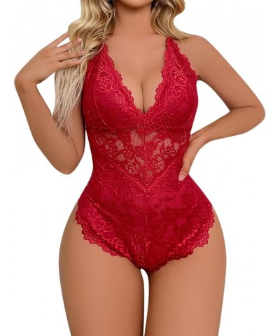 Sexy Lingerie for Women Floral Lace High Waist Deep V Neck Teddy Babysuit Sheath Criss Cross Back Plus Size Exotic Nightgowns...