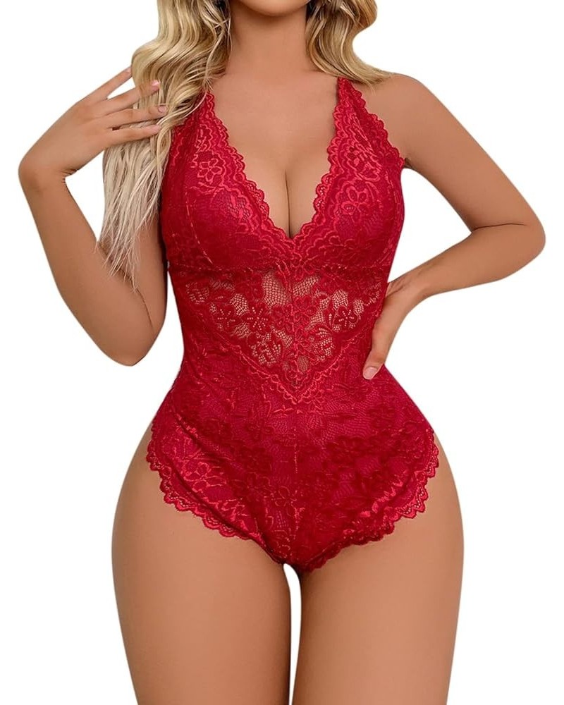 Sexy Lingerie for Women Floral Lace High Waist Deep V Neck Teddy Babysuit Sheath Criss Cross Back Plus Size Exotic Nightgowns...