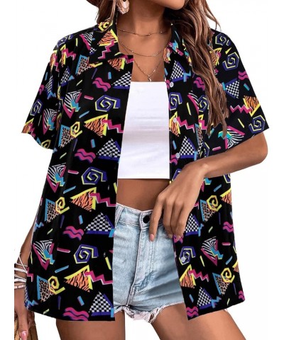 80s 90s Outfits Shirt Women Retro Disco Party Button Up Tshirt Hawaiian Beach Short Sleeve Blouse Top Black $12.99 Blouses