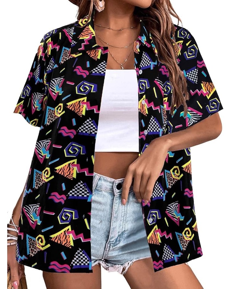 80s 90s Outfits Shirt Women Retro Disco Party Button Up Tshirt Hawaiian Beach Short Sleeve Blouse Top Black $12.99 Blouses