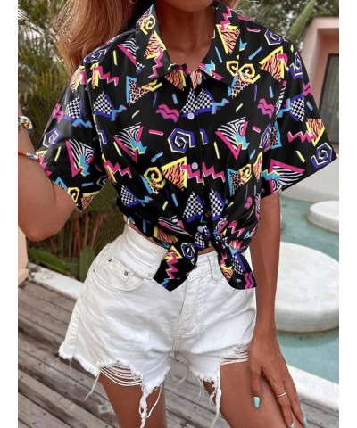 80s 90s Outfits Shirt Women Retro Disco Party Button Up Tshirt Hawaiian Beach Short Sleeve Blouse Top Black $12.99 Blouses