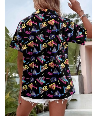 80s 90s Outfits Shirt Women Retro Disco Party Button Up Tshirt Hawaiian Beach Short Sleeve Blouse Top Black $12.99 Blouses