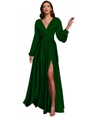 Women's Long Sleeve Bridesmaid Dresses for Wedding V-Neck Satin Formal Dress Evening Gowns with Slit Emerald Green $27.94 Dre...